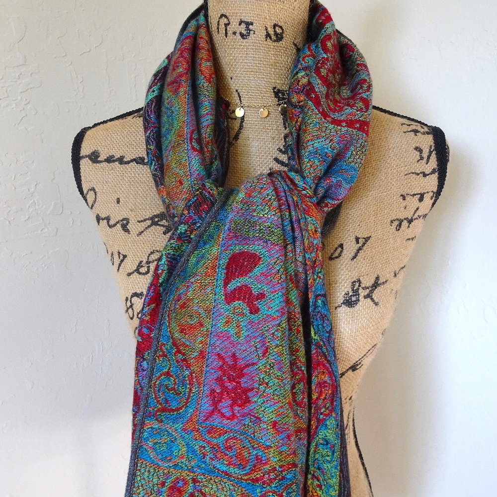 Colorful Rainbow Patterned Black Fringe Scarf
